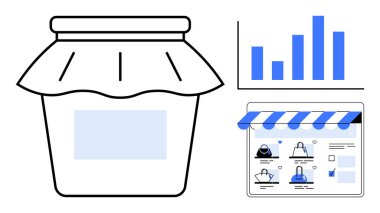 Boş etiketli kavanoz, bar grafiği, çevrimiçi mağaza arayüzü. Küçük işletmeler, zanaat ürünleri, e-ticaret, pazarlama, analitik büyüme girişimciliği için idealdir. Satır metaforu