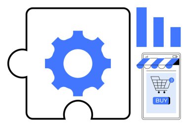 Teçhizatlı bir yapboz parçası, mavi alışveriş arabalı bir akıllı telefon ve Buy Butonu ve bar grafikleri. E-ticaret, çevrimiçi alışveriş, iş stratejisi, teknoloji entegrasyonu ve veri analizi için ideal