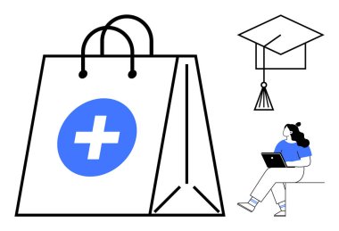 Dizüstü bilgisayarlı üniversite öğrencisi, üzerinde tıbbi haç sembolü olan büyük bir alışveriş çantası ve mezuniyet şapkası. Sağlık hizmetleri, çevrimiçi öğrenim, eğitim programları, akademik yardım, e-ticaret, tıbbi yardım için ideal