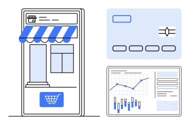 Çevrimiçi mağaza uygulaması, mağaza önü, kredi kartı ve analitik gösterge paneli iş ölçümlerini gösteriyor. E-ticaret, perakende sektörü, çevrimiçi alışveriş, pazar analizi, mali işlemler için ideal