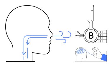 Nefes yollarını gösteren okları olan bir insan kafasının yan profili devre kartına bağlı bir Bitcoin sembolü ve beyni gösteren bir el. Teknoloji, finans ve sağlık konuları için ideal