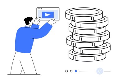Elinde para yığınına bakan bir oyun tuşu olan tablet tutan kişi, mali büyümeyi gösteriyor. Dijital pazarlama, çevrimiçi kurslar, mali planlama, yatırım, iş büyümesi, tasarruf için ideal