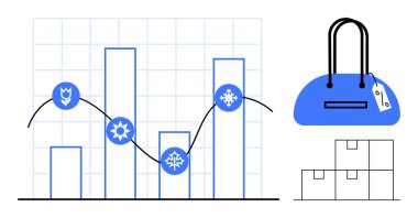 Simgelerle mevsimsel trendleri gösteren bar tablosu, fiyat etiketli mavi çanta ve nakliye kutuları. İş analizleri, perakende, e-ticaret, satış raporları, envanter yönetimi, moda