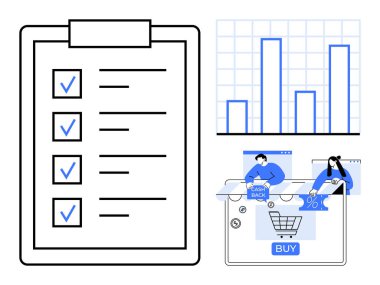 Kontrol işaretli kontrol listesi, veri analizi için bar çizelgesi ve çevrimiçi alışveriş unsurları nakit akışı ve indirim sembollerini parmakla gösteriyor. Planlama, proje yönetimi, mali analiz, e-ticaret için ideal