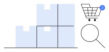 İçinde arama simgesi ve alışveriş arabası bildirimi olan kutular. E-ticaret, lojistik, envanter yönetimi, alışveriş, teslimat hizmetleri, sipariş takibi ve perakende satış için ideal. Satır metaforu