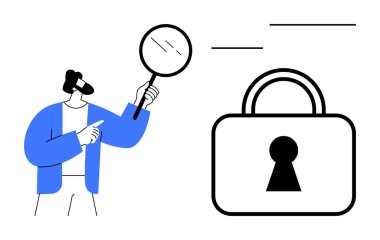 Elinde büyüteç tutan adam büyük bir asma kilidi inceliyor, güvenlik analizini sembolize ediyor. Mavi ceket ve siyah çizgiler. Siber güvenlik, gizlilik, soruşturma, araştırma ve adli analiz için ideal