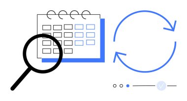Büyüteç takvimi inceler, büyük dairesel ok süregelen süreci gösterir, ilerleyen noktalı çubuk aşamaları gösterir. Proje yönetimi, zamanlama, iş akışı, analiz, planlama için ideal