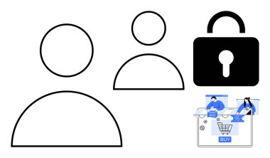 Güvenliği temsil eden asma kilitli kullanıcı profilleri. Alışveriş arabası ve satın alma düğmesi olan küçük bir e-ticaret sahnesi. Çevrimiçi güvenlik, kullanıcı profilleri, e-ticaret, veri koruması için ideal
