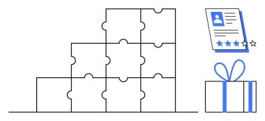 Piramidin içine istiflenmiş bulmaca parçaları, derecelendirilmiş küçük profil kağıtları ve paketlenmiş bir hediye kutusu. Sorun çözme, kişisel gelişim, takım çalışması, değerlendirmeler, insan kaynakları konuları için ideal