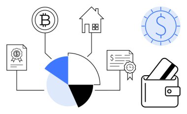 Pasta şeması, Bitcoin ikonu, ev, mali belgeler, dolar sembolü, kredi kartlı cüzdan. Finans için ideal, kripto para birimini hesaplayan yatırımlar, emlak finansal planlama birikimleri. Çizgi