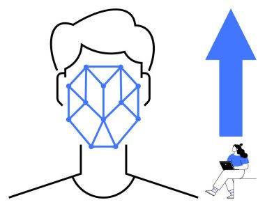 Yukardaki okun ve dizüstü bilgisayardaki kişinin yanında geometrik yüz tanıma deseni olan bir insan kafası. Teknoloji, yapay zeka, biyometri, güvenlik, yenilik, büyüme, dijital dönüşüm için ideal. Çizgi
