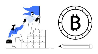 Meslektaşlar bulmaca bloklarına tırmanıyor, bir çanta tutuyor. Bitcoin sembolü madeni para çizgisi içinde, altında kalem var. Tepesinde bayrak var. Takım çalışması, başarı, işbirliği, kripto para birimi için ideal