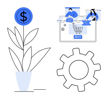 El arabası ve indirim teklifleri ile dijital alışveriş, bir para büyüme fabrikası ve bir ayarlama teçhizatı. Çevrimiçi perakende satış, pazarlama, iş stratejisi, mali büyüme, teknoloji, e-ticaret dijital