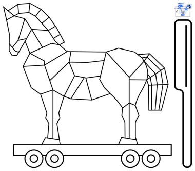 Geometrik Truva atı tekerlekli platformda ve anahtar ile güvenlik ve stratejiyi temsil ediyor. Siber güvenlik, eğitim, tarih, strateji, teknoloji, Truva atı kavramsal sanatı için idealdir. Çizgi