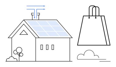 Çatıda güneş panelleri, ağaçlar ve alışveriş çantası olan bir ev. Yeşil yaşam, sürdürülebilir enerji, çevre dostu yaşam tarzı, ev enerjisi çözümleri, yenilenebilir kaynaklar, tüketici davranışları için ideal