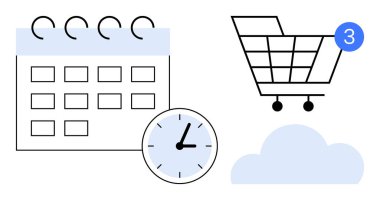 Zamanlamayı sembolize eden bir takvim, alışveriş arabası ve bekleyen alımları gösteren bir tebligat ve bir bulut. Zaman yönetimi, e-ticaret, hatırlatıcılar, bildirimler, verimlilik için ideal