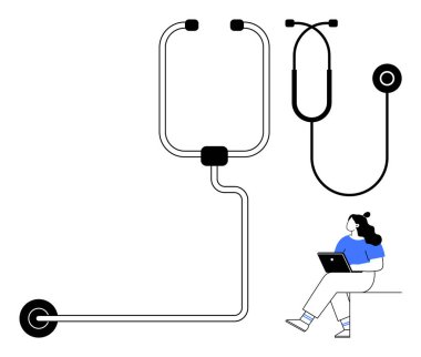 Modern dijital sağlık hizmetlerini sembolize eden dev steteskop yanında dizüstü bilgisayar kullanan bir tıp uzmanı. Teletıp için ideal, online danışma, sağlık teknolojisi, tıbbi yenilik, hasta