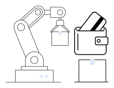 Robotik kol, kredi kartını bir cüzdana yerleştiriyor, otomasyon ve finans teknolojisini vurguluyor. Fintech, AI, bankacılık, otomasyon, e-ticaret, finans ve dijital ödemeler için ideal