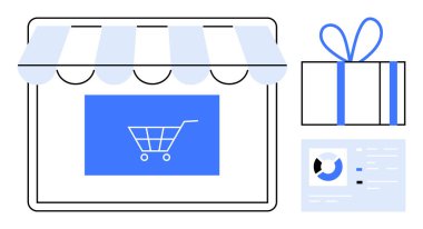 Storefront with striped awning, shopping cart icon, gift box, and pie chart with bar graph. Ideal for e-commerce, online stores, digital marketing, shopping, customer engagement holiday sales clipart