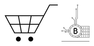Bir alışveriş arabası ve Bitcoin sembolünün siyah-beyaz vektörü. E-ticaret, kripto para, dijital ödemeler, online alışveriş ve blok zinciri için ideal. Basit, modern stil finansal vurgu yapıyor