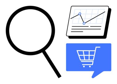 Veri tablosu olan büyük bir büyüteç. Çizgi grafiği ve alışveriş arabası ikonu olan bir diyalog kutusu. Pazar araştırması, e-ticaret, veri analizi, iş stratejisi, çevrimiçi alışveriş için ideal