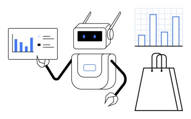 Çizelgeler, bar grafiği ve alışveriş torbası olan bir raporu inceleyen bir robot. E-ticaret, veri analizi, yapay zeka teknolojisi, online alışveriş, piyasa araştırması otomasyon perakende trendleri için ideal. Satır metaforu