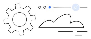 Noktalar ve çizgiler dahil minimalist arayüz elementleriyle bulut şeklinin yanında vites sembolü. Teknoloji kavramları, bulut hesaplama, web tasarımı, dijital entegrasyon, bilişim hizmetleri, otomasyon için ideal