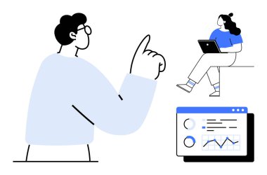 İşbirlikçi bir ortamda dizüstü bilgisayar kullanan bir meslektaşımla profesyonel tartışmalar. Takım çalışması, veri analizi, uzaktan çalışma, iletişim, sunum, iş stratejisi ve modern için ideal