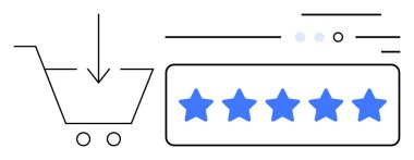 Satın almayı gösteren aşağı doğru ok olan alışveriş arabası, yüksek ürün oranını temsil eden beş mavi yıldız. E-ticaret, perakende satış, çevrimiçi alışveriş, müşteri değerlendirmeleri, ürün geribildirimi, kullanıcı