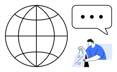 Küresel bağlantıyı temsil eden küre, iletişim için elipsli konuşma balonu ve çevrimiçi alışveriş için alışveriş torbaları tutan kişi. Küresel ticaret, iletişim, e-ticaret için ideal