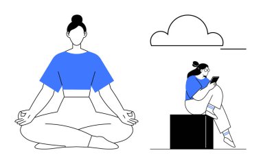 Mudra 'da elleri çapraz bacaklı bir şekilde meditasyon yapan bir kadın, bulutların altında bir blokta oturup akıllı telefon okuyan bir kadın. Rahatlama, farkındalık, teknoloji ve modern yaşam için ideal.
