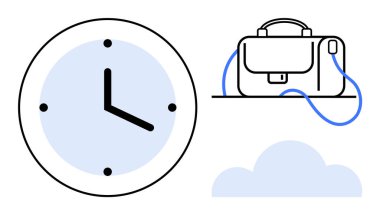 Saati, evrak çantasını, işi ve mesleki işi simgeleyen saati ve bağlantı ve depolamayı sembolize eden bulut. Zaman yönetimi, iş planlaması, verimlilik, dijital için ideal