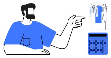 Elbise askısına ve hesap makinesine bakan adam bütçe, alışveriş tercihleri ve etkin bir organizasyonun önemini gösteriyor. Finans, iş, e-ticaret, kişisel bütçe ve giysi için ideal
