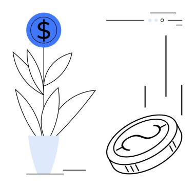 Çömleğe bir dolar işareti çiçeğiyle ekilmiş. Düşen bir madeni paranın yanında finansal büyümeyi simgeliyor. Yatırım, tasarruf, ekonomi, mali planlama, iş büyümesi, zenginlik yönetimi, girişim için ideal