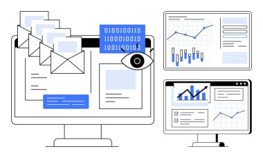 Computer monitor displaying emails, digital eye, binary code, graphs, and charts on additional screens. Ideal for office settings, data analytics, cybersecurity, IT management, email monitoring clipart