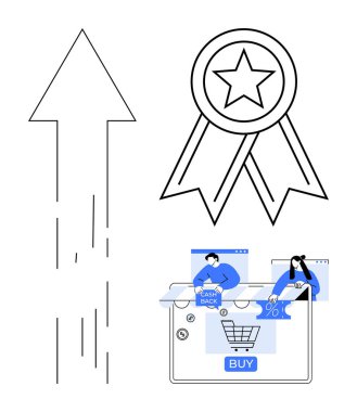 Ödül kurdelesi sembolü, yukarı doğru ok, satın alma düğmesi, nakit ödeme ve indirim yüzdeleri ile online alışveriş arayüzü. Çevrimiçi alışveriş, e-ticaret başarısı, müşteri ödülleri, perakende büyümesi için ideal