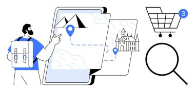 Traveler with backpack interacting with a tablet displaying a map with location markers. Magnifying glass and shopping cart icons with notification. Ideal for travel, navigation, e-commerce clipart