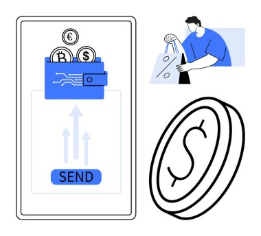 Akıllı telefon ekranında para birimi sembolleri olan dijital cüzdan simgesi, alışveriş torbaları tutan bir kişi ve büyük bir para. Finans, e-ticaret, mobil uygulamalar, işlemler, ödeme sistemleri, dijital