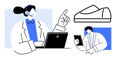 Kulaklıklı ajanlar çözümleri tartışıyor, biri laptoplu, diğeri akıllı telefonlu. Mavi aksanlı. Müşteri hizmetleri, teknik destek, uzaktan yardım, çağrı merkezleri, ekip çalışması, iletişim için ideal