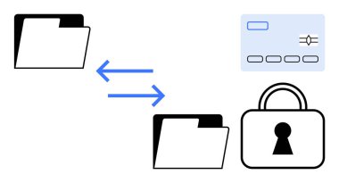 Kilitli bir asma kilit ve güvenli işlemleri temsil eden kredi kartının yanında veri transferini gösteren mavi okları olan iki siyah beyaz klasör. Siber güvenlik, veri koruması, dosya için ideal