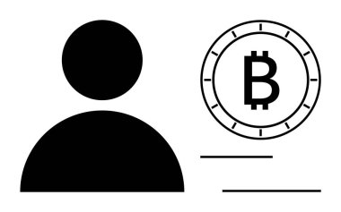 Bitcoin sembolünün yanındaki siluet ve metin alanlarını işaret eden satırlar. Kripto para birimi, finansal hizmetler, kullanıcı kimliği, dijital işlemler, güvenlik, fintech, kişisel işlemler için ideal