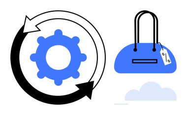 Üzerinde fiyat etiketi ve bulut olan mavi el çantasının yanında siyah beyaz oklarla çevrili. Alışveriş, perakende, ticaret, teknoloji, süreç, yenilik ve pazarlama için ideal. Satır metaforu