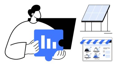 Adamın elinde grafiği, güneş paneli ve çevrimiçi mağaza arayüzü olan bir bulmaca parçası var. İş analitiği, e-ticaret, yenilenebilir enerji, istatistik, teknoloji, sürdürülebilirlik girişimleri için ideal