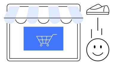 Çizgili tenteli, alışveriş arabası ikonlu, ayakkabılı, gülen yüzlü bilgisayar monitörü. Çevrimiçi alışveriş, e-ticaret, perakende satış, müşteri memnuniyeti, dijital pazarlama ve tüketici davranış temaları için ideal