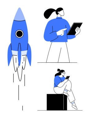 İnsanlar ayakta durup tabletlerle otururken roket dikey olarak fırlatılıyor. Teknoloji, iş, yenilik, girişimler, dijital dönüşüm, verimlilik ve eğitim için ideal. Satır metaforu