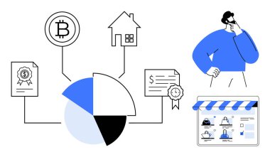 Finansal analist grafikler, tablolar ve finansal dökümanlar üzerinde düşünüyor. Finans, yatırım, iş planlaması, gayrimenkul, kripto para sertifikaları pazarlama kullanımı için idealdir. Satır metaforu