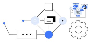 Geometrik şekilli akış şeması, e-ticaret siparişleriyle ilgilenen insanlar, birbirine bağlı hatlar ve bir vites. E-ticaret, iş süreçleri, ağ oluşturma, iş akışı, veri görselleştirme kullanıcısı için ideal