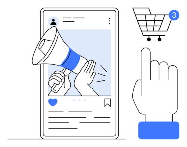 Akıllı telefon ekranında megafon dijital reklam, el tıklama ikonu, tebligatlı alışveriş arabası. Pazarlama, e-ticaret, mobil uygulamalar, sosyal medya, duyurular için ideal