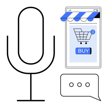 Bir mikrofon, bir akıllı telefon bir online alışveriş arabası ve bir elipsli konuşma balonu. Çevrimiçi alışveriş için ideal, ses komutları, mobil uygulamalar, dijital