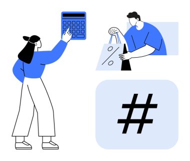 Hesap makinesi kullanan bir kadın, içinde yüzde sembolü olan alışveriş torbası olan bir adam, büyük meta veri etiketi sembolü. Perakende satış, indirim, satış stratejileri, e-ticaret, sosyal medya pazarlama, finans için ideal